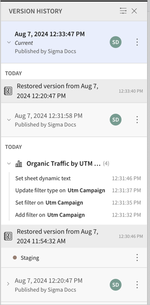Version history showing the latest draft restored from the version published at 12:20:47 PM, the version just before the edited and restored previously tagged Staging version.