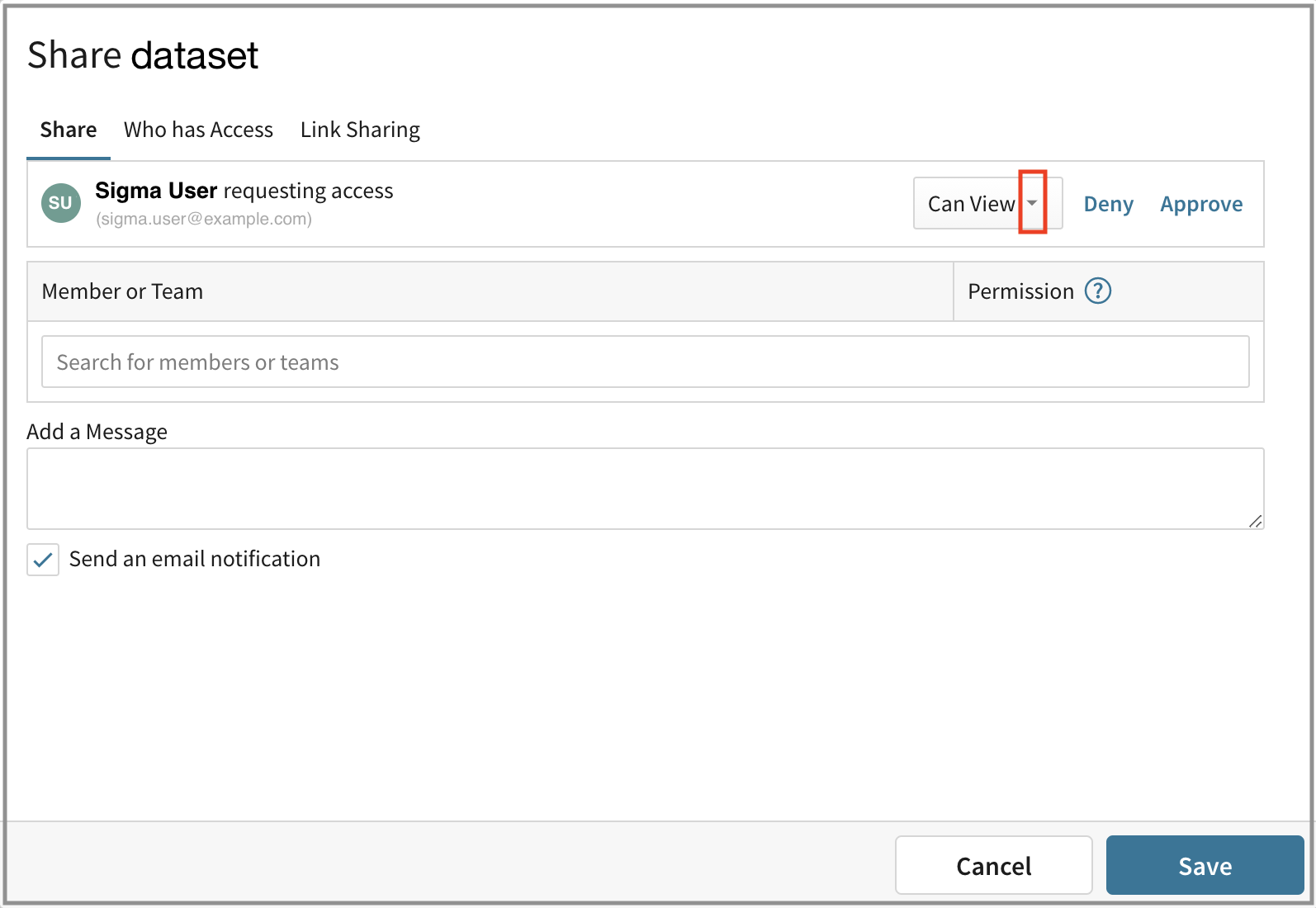 The Share dataset modal with a pending access request from Sigma User, showing the permission dropdown set to Can View with Deny and Approve options.
