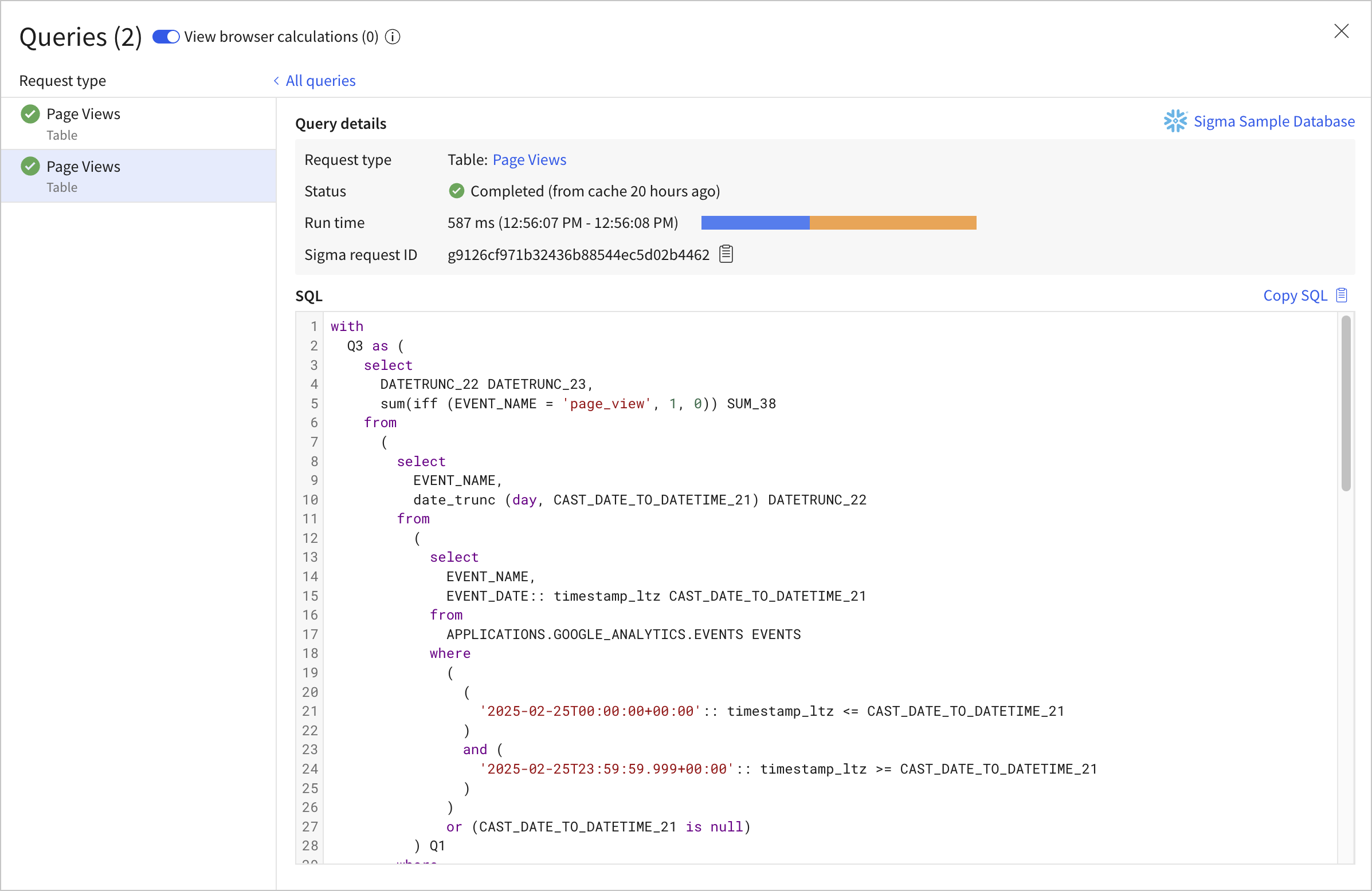 Query history with 2 queries shown, viewing details for one query.