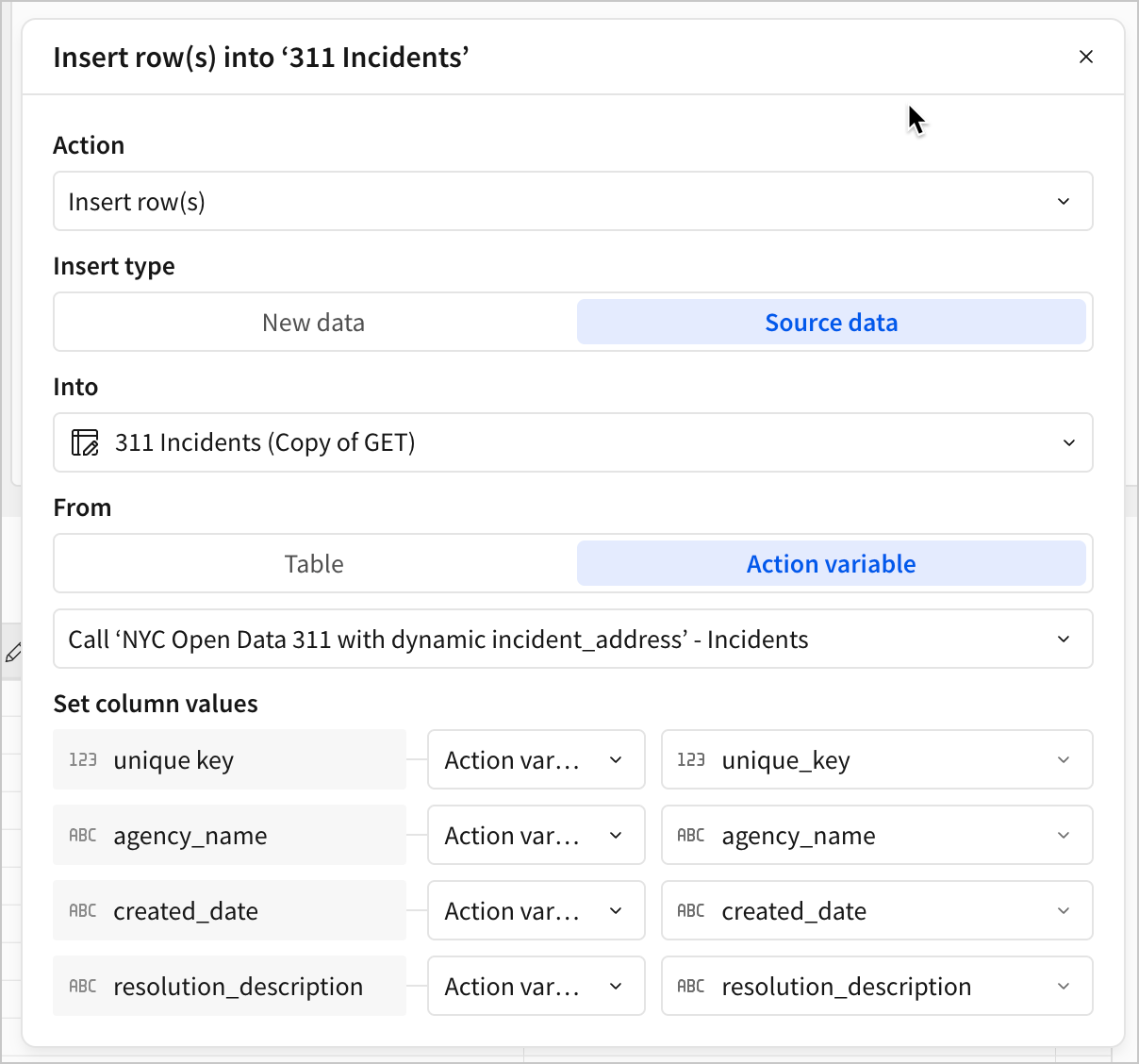 The action sequence configuration for an insert rows action shows the incidents action variable parsed into columns in an input table