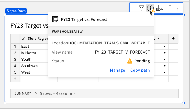 Hovering over the view warehouse view info option in the element toolbar to view the location, view name, and status of the view. This one is pending.