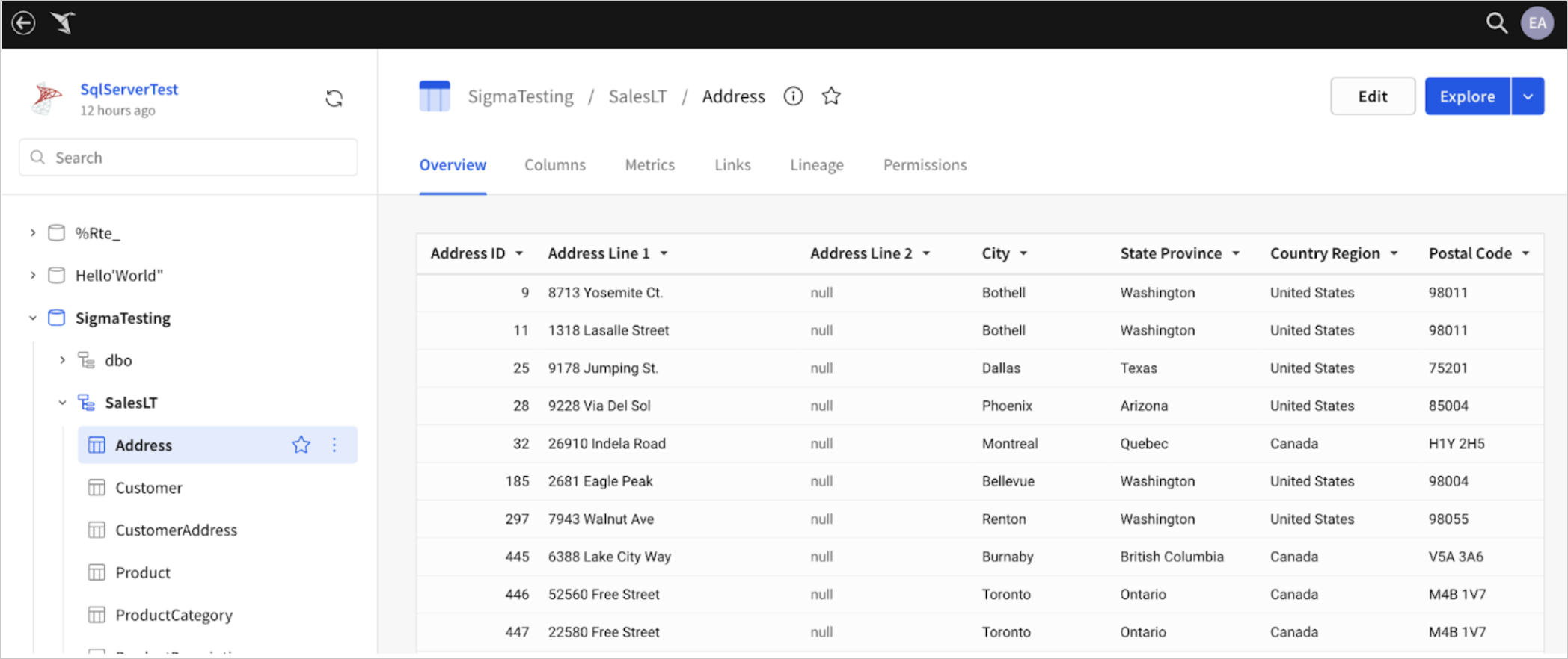 The browse connection view for a connection named SqlServerTest, with the SigmaTesting database and SalesLT schema expanded in the left panel and the Address table selected.