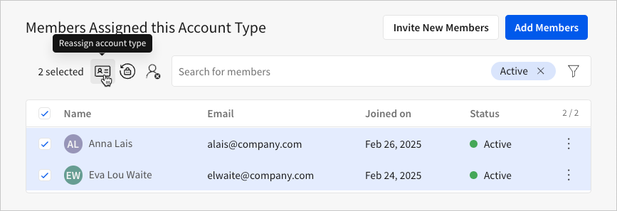 Image of the "Members Assigned this Account Type" section with the mouse hovering over the icon for "Reassign account type".