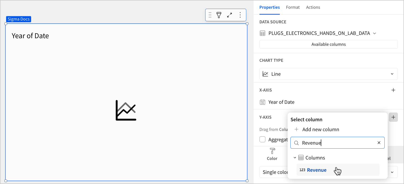 A blank line chart titled Year of Date with the cursor hovering over a column named Revenue in the Select column popover, the word Revenue entered in the search box, and a column named Year of Date configured in the X-axis property.