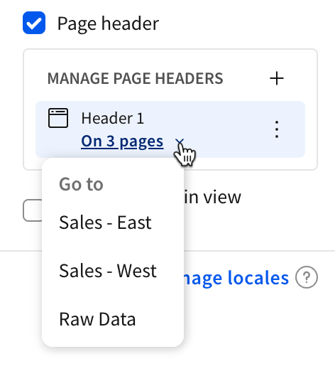 The manage header menu shows three pages assigned to the header.