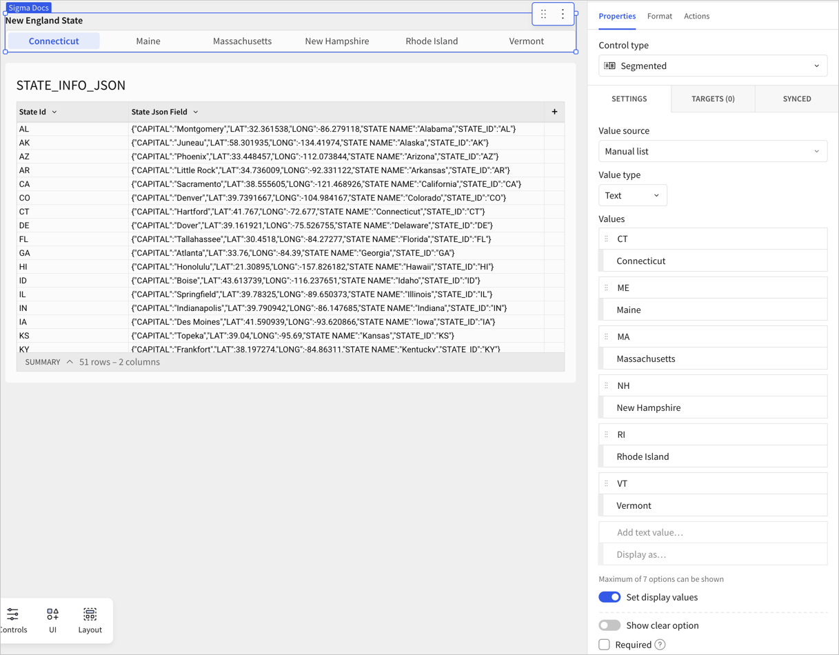 The Properties panel for a segmented control set to a manual list of New England states, with full state names as display values and abbreviations as data values, beside the STATE_INFO_JSON data table.