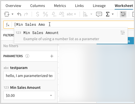 Formula bar autocomplete showing the parameter name, Min Sales Amount.
