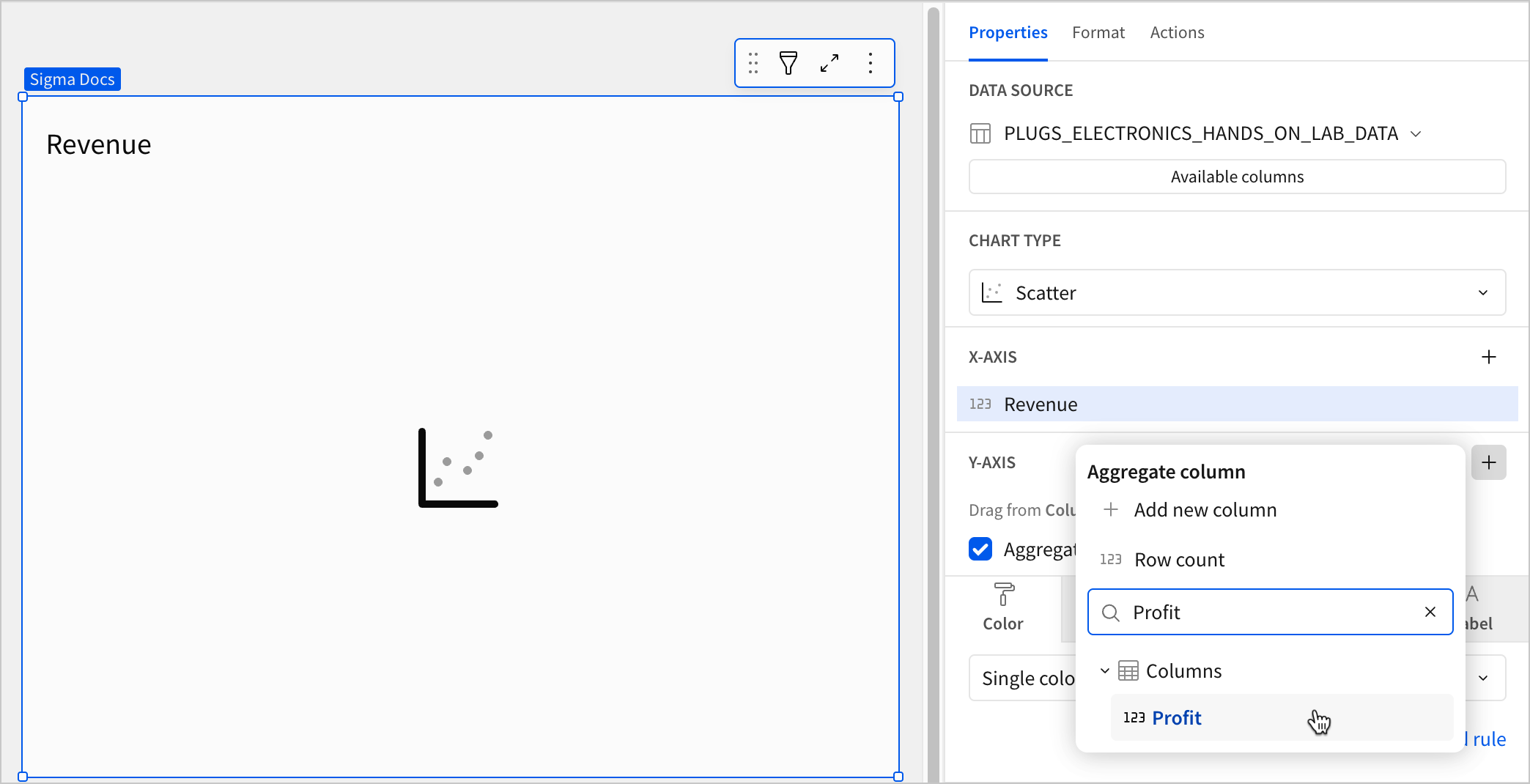 A scatter chart in Sigma with the Properties panel open. The Aggregate column popover is open on the Y-axis field, with 'Profit' entered in the search box and the Profit column highlighted in the results. Revenue is already configured as the X-axis.