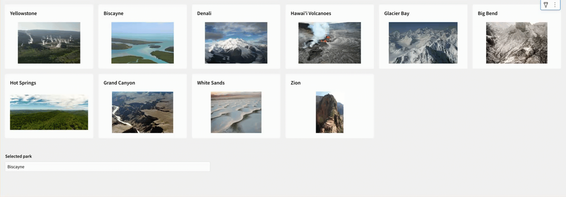 A user clicks on several cards in a repeater with images of US National parks. As they click, a text input control updates with the park name from the selected card.