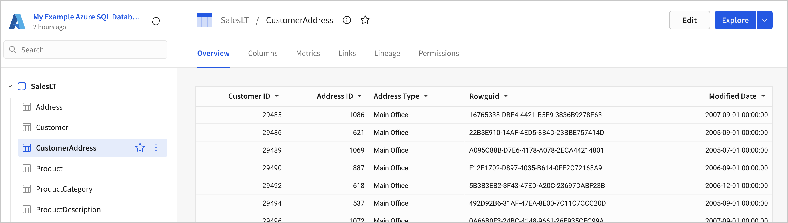 The browse connection view with the SalesLT schema expanded in the left panel and the CustomerAddress table selected, showing its Overview tab with Customer ID, Address ID, and Address Type columns.