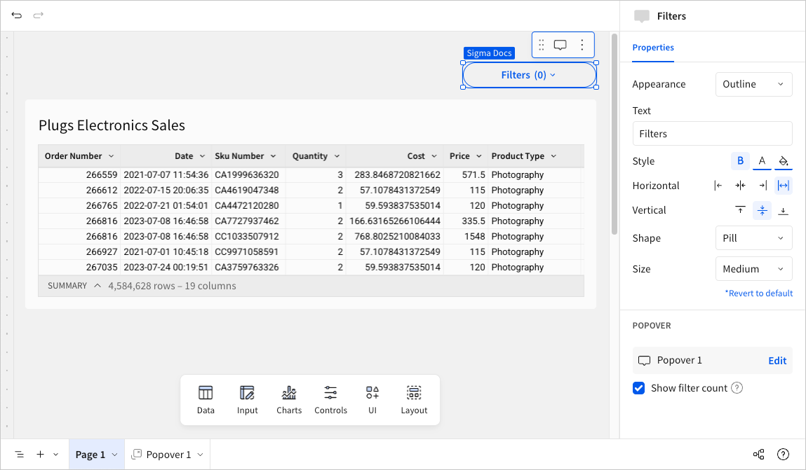 A workbook page with a Filters trigger button selected, and the editor panel showing its button properties with Show filter count enabled.