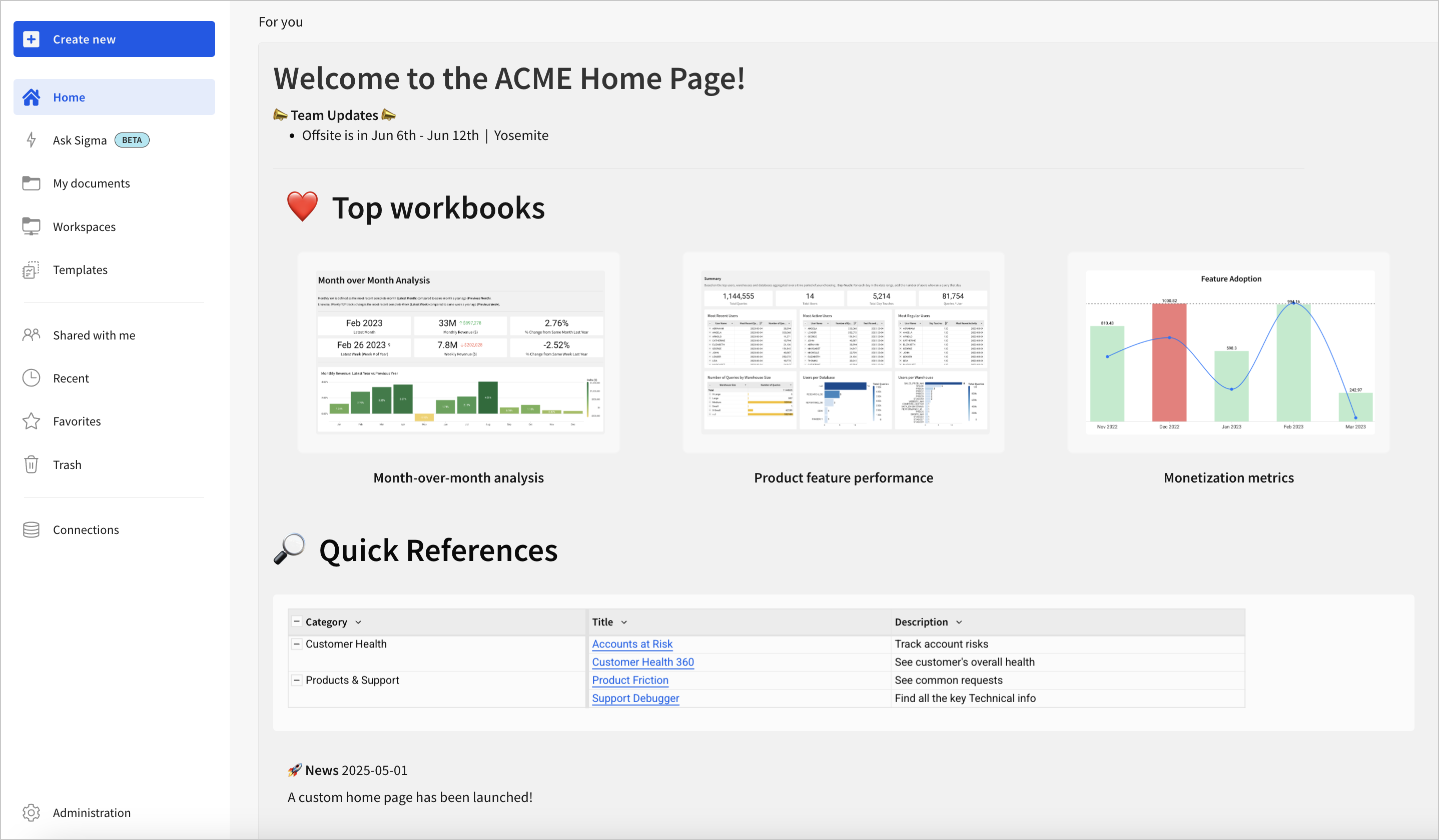 Example custom home page embedded in the Sigma Home page, showing example team updates, top workbooks, popular metrics