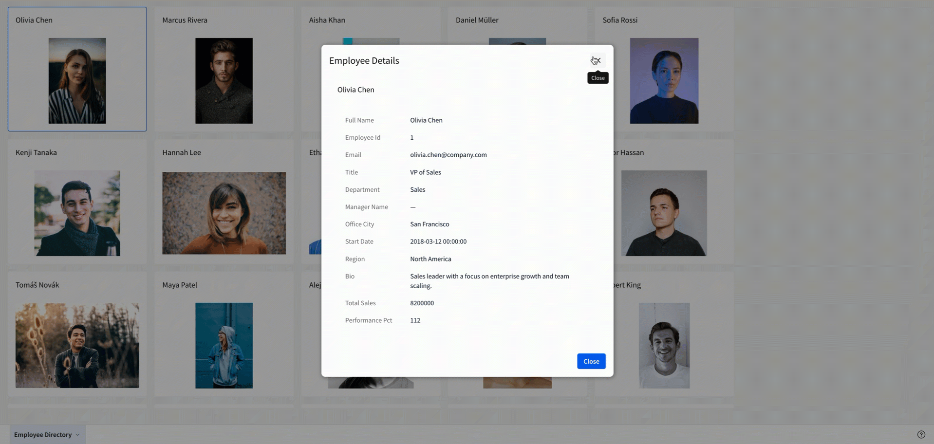 A user clicks through an employee directory, selecting cards to reveal additional details about the employee listed on each card