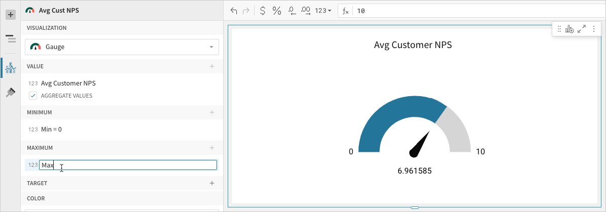 Avg Customer NPS gauge chart with Min = 0, the Maximum field being edited, and the gauge displaying 6.961585 on a scale of 0 to 10.
