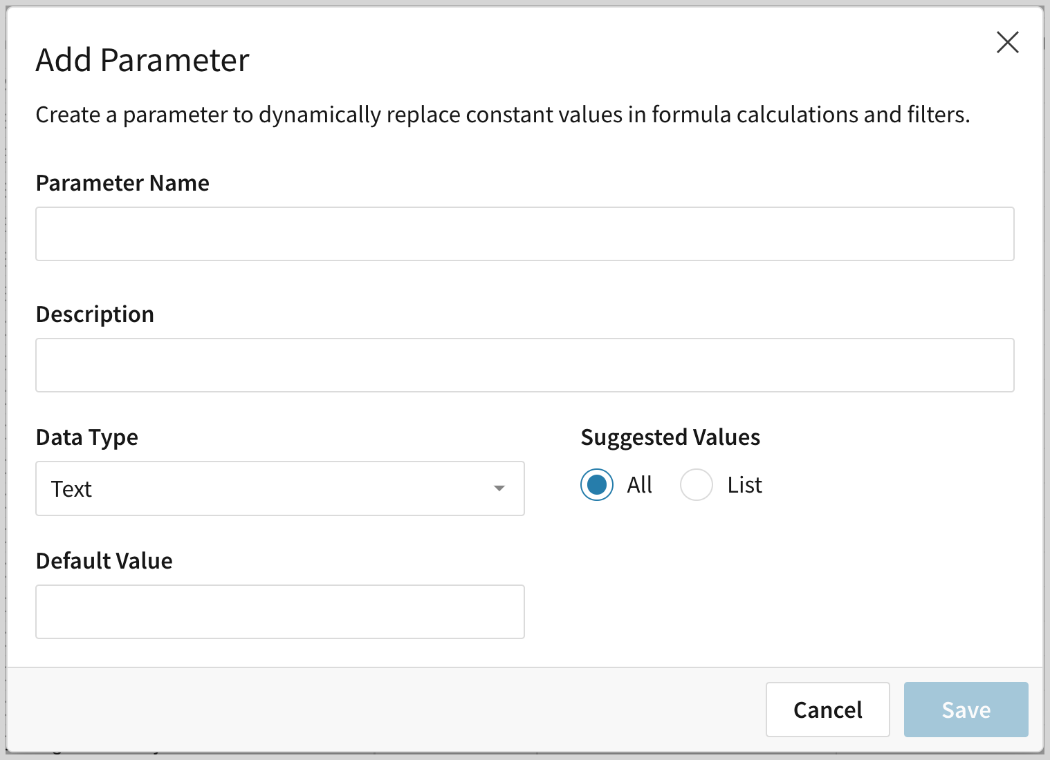 Add parameter modal with options described in surrounding steps.