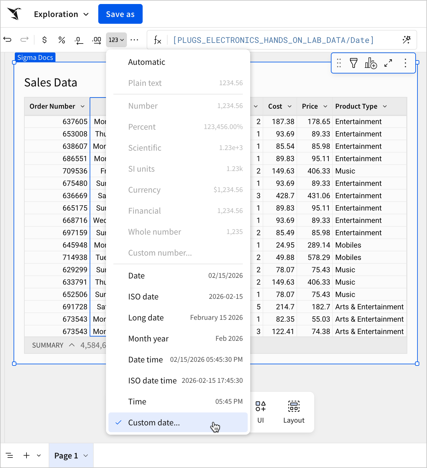 The Format menu in the workbook toolbar, with the mouse hovering over the Custom date option.