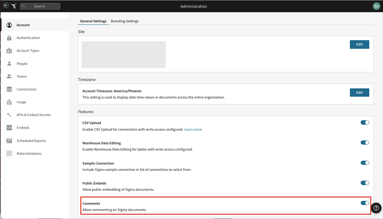 The Features section of the Account page in the Administration portal, with the Comments row outlined in red and its toggle turned on.