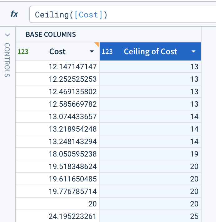 For given cost data of 12.14, 12.25, 12.46, 12.58, 13.07, 13.21, 13.24, 18.05, and others, the ceiling of cost column has values of 13, 13, 13, 13, 14, 14, 14, and 19.