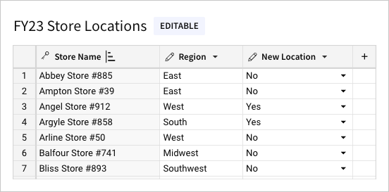 Linked input table titled FY23 Store Locations with Store Name and Region as linked columns and New Location as an editable column.