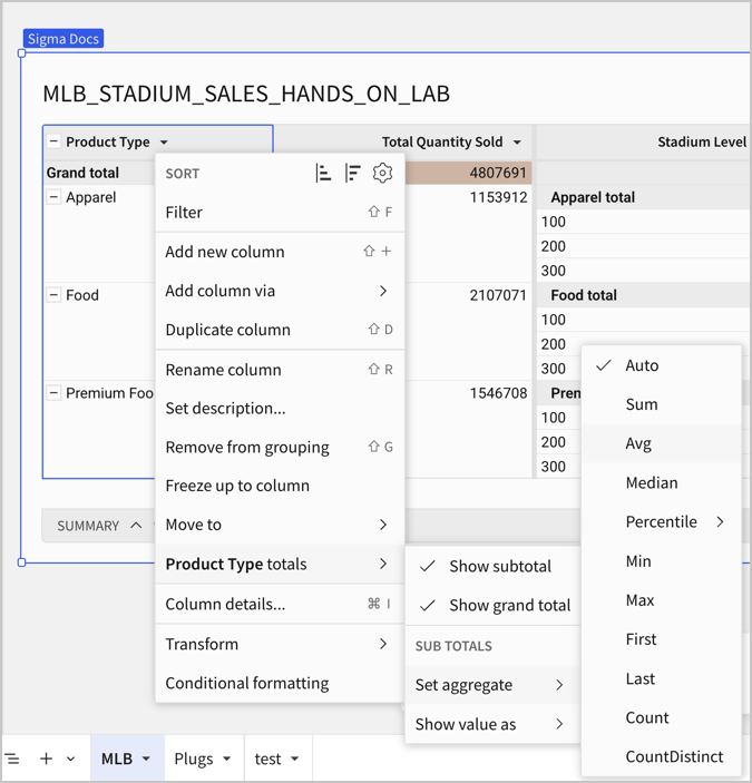 Column menu open for the Product Type column, showing Product Type totals menu option selected, then Set aggregate chosen, hovering over the Avg aggregate option.