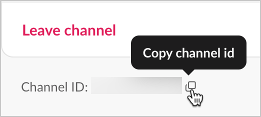 The bottom of the channel details modal showing the Channel ID field with a Copy channel id tooltip displayed over the copy icon, below the Leave channel option.