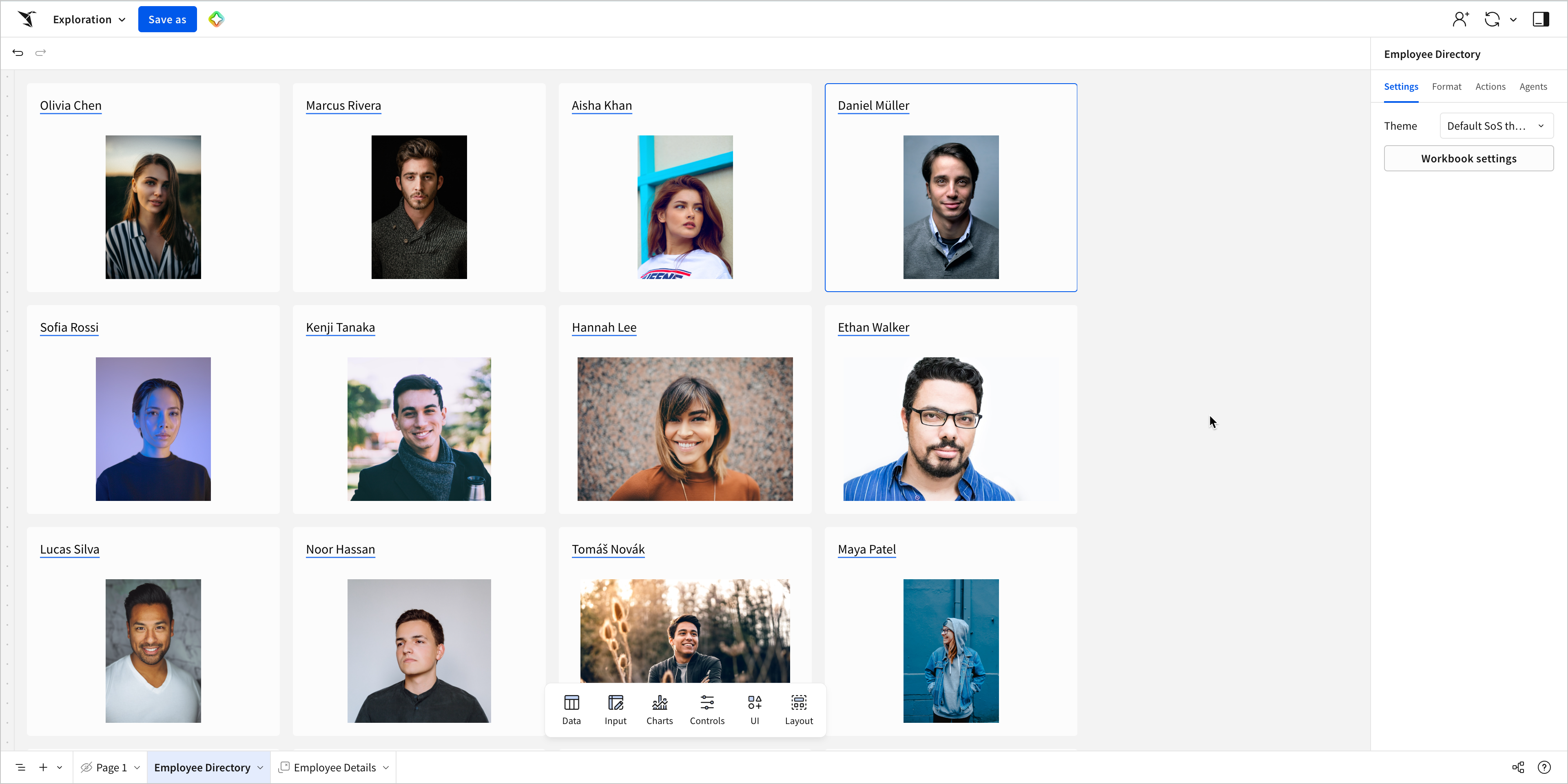 A repeated container shows several cards with employee names and images, one for each row in the data source.