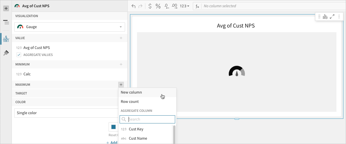 Maximum property + menu open in the New Gauge editor with Minimum already set to Calc, showing New column, Row count, and an Aggregate column list.