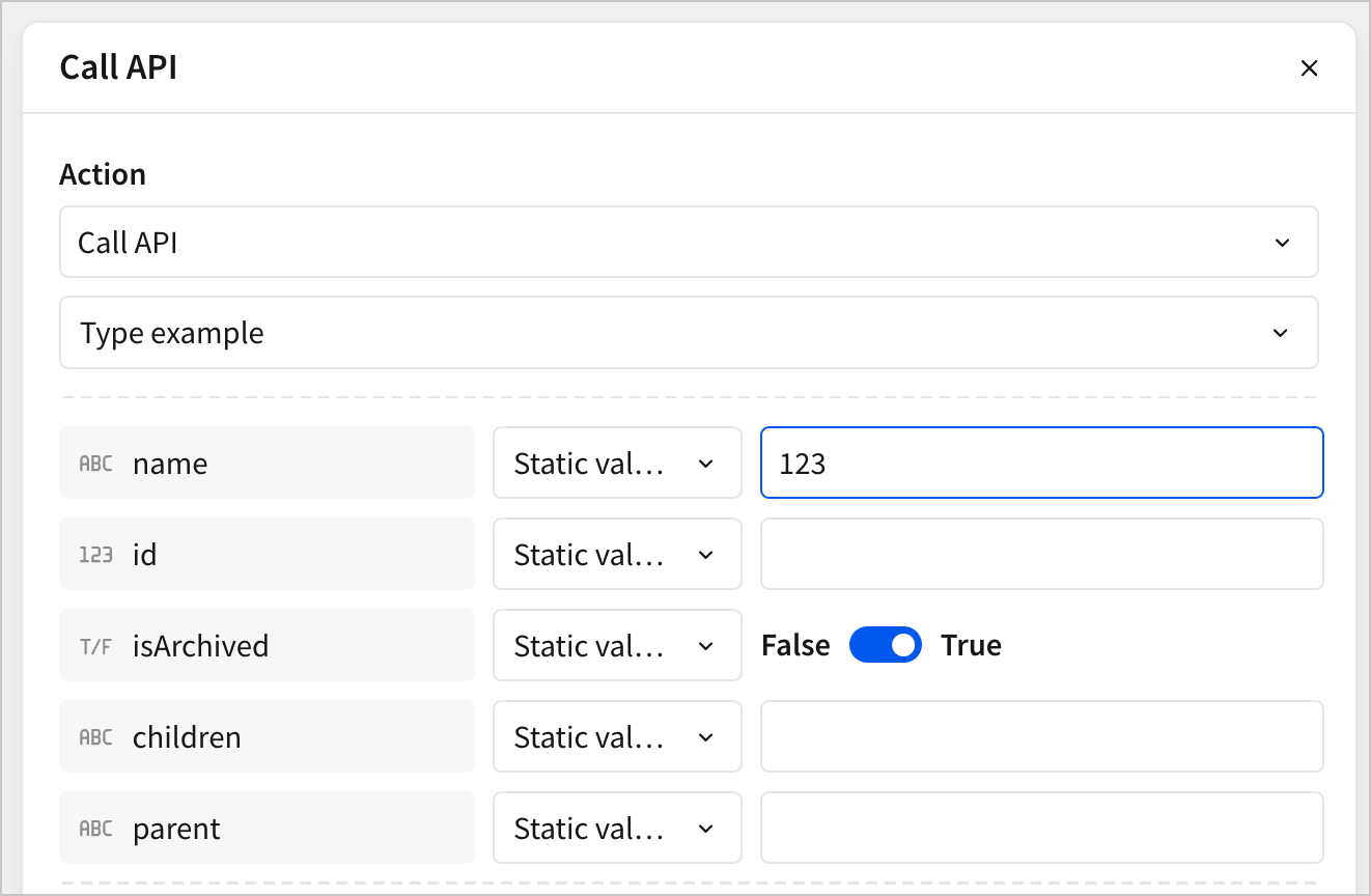 An example Call API action configured with a static value of 123 on a dynamic value with the type Text