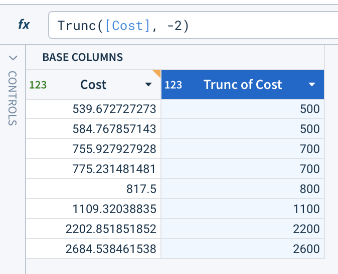 Applied Trunc rounding the input down and replacing last two digits with zeroes