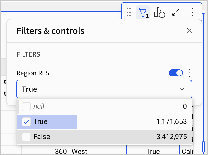 Filters and controls option open on the data model table, with a list values filter on the Region RLS column enabled and the value True selected.
