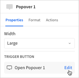 The editor panel Properties tab with the cursor hovering over Edit in the Trigger button section.