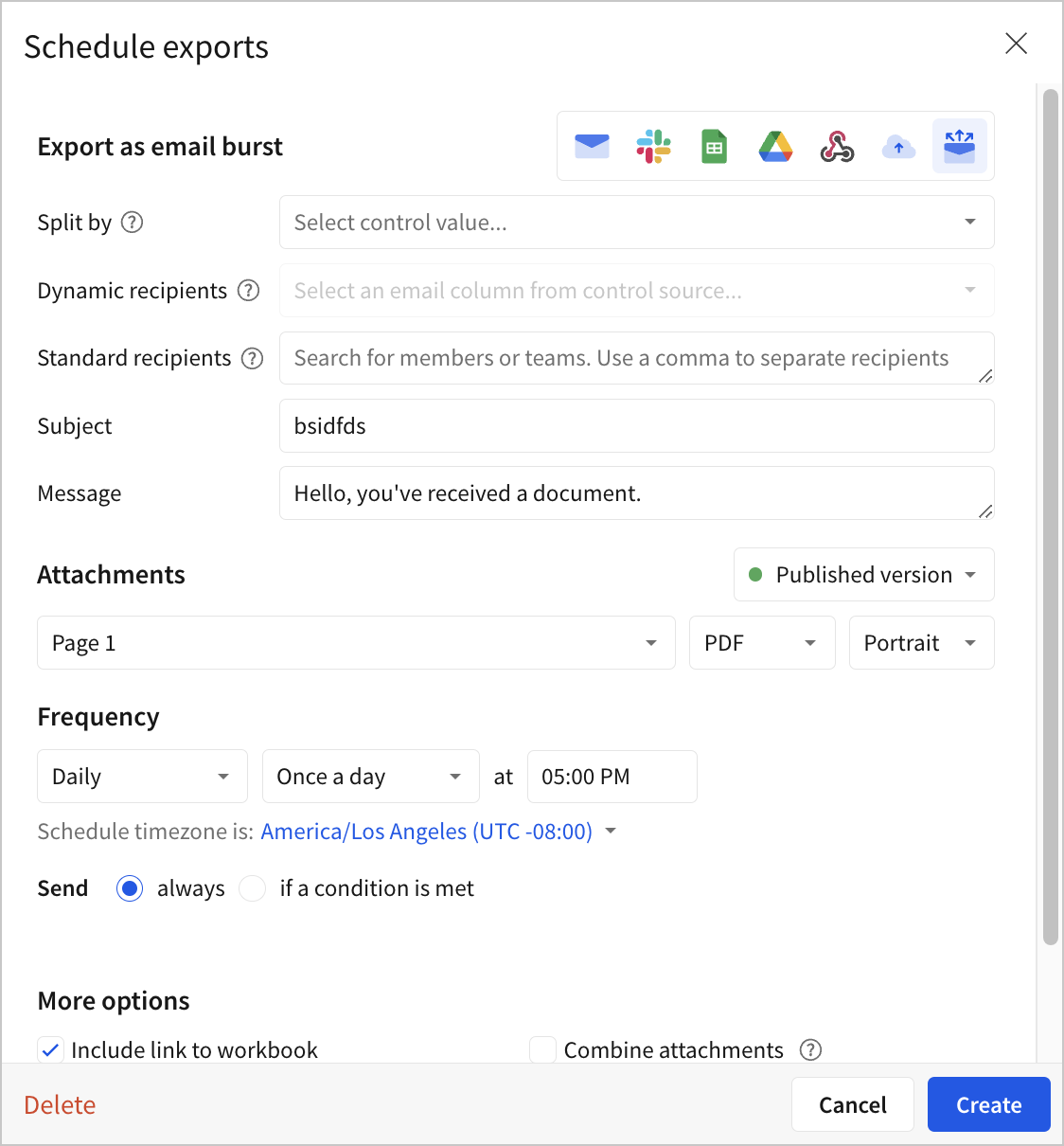 The Schedule exports modal with Export as email burst selected, showing the Split by, Dynamic recipients, and Standard recipients fields above the Subject, Message, and Attachments sections.