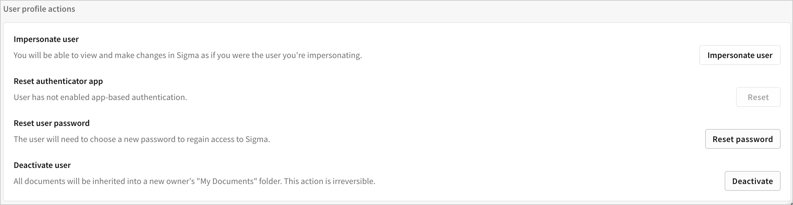 User profile actions section of a user detail page in the Admin portal, with options to reset authenticator app, reset user password, deactivate user, or impersonate user.