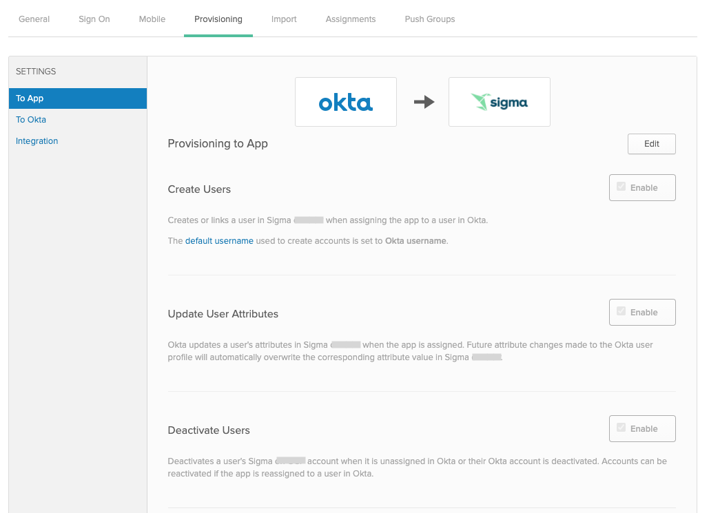 The Provisioning to App settings in Okta with Enable checkboxes for Create Users, Update User Attributes, and Deactivate Users.