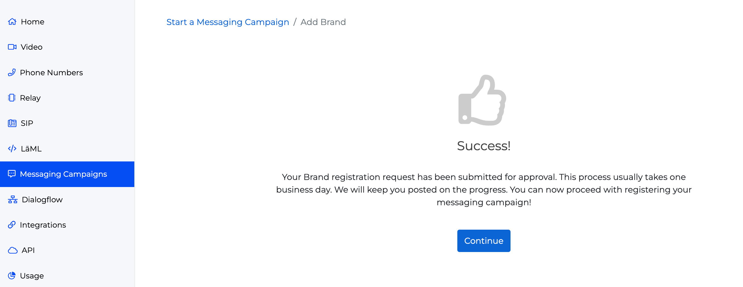 Brand creation success page