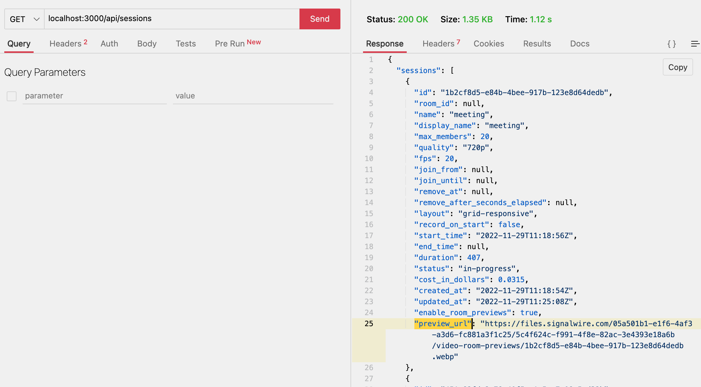 a GET query in Thunder Client. A GET request is being sent to /api/sessions.