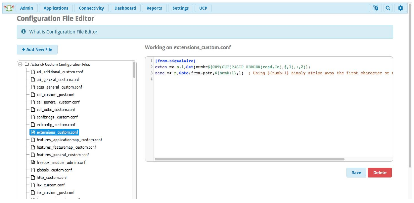 The Configuration File Editor. The file 'extensions_custom.conf' is selected, and the provided code has been entered in the conf file.