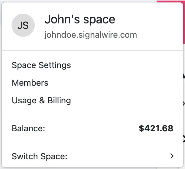 The left drop-down menu for your SignalWire Space.