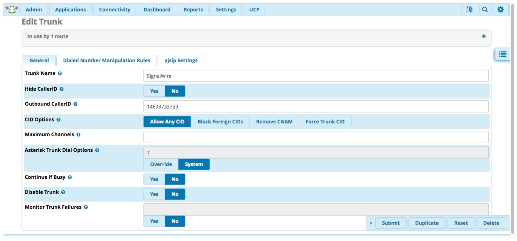 Tab of an Edit Trunk page in the Asterisk interface. Hide CallerID is set to No. Outbound CallerID is set to the purchased DID, in this case 14693733729. CID options is set to Allow Any CID. Maximum Channels is blank. Asterisk Trunk Dial Options is set to System. Continue if Busy, Disable Trunk, and Monitor Trunk Failures are all set to No