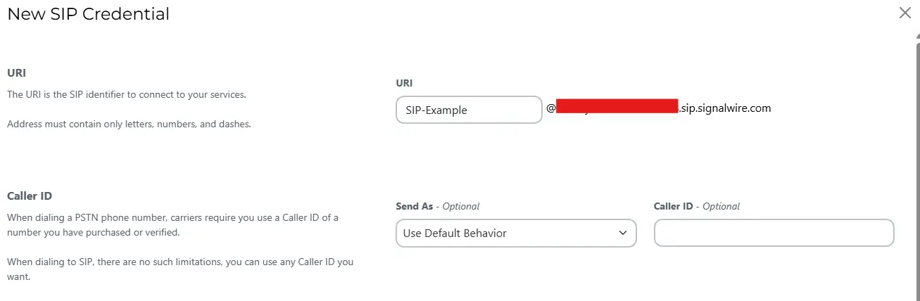 A screenshot of the Sip Endpoint page, showing username, password, caller ID, and Send As fields