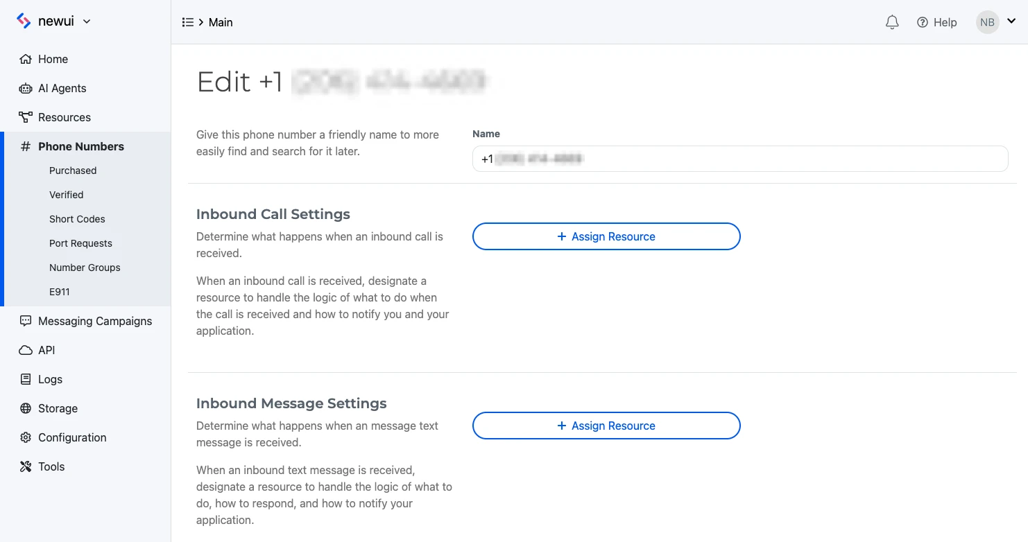 A phone number's settings page showing the Assign Resource option for inbound calls