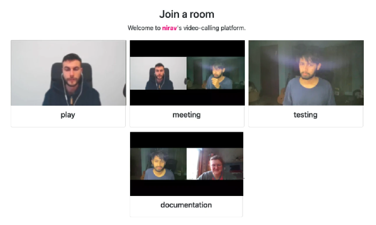 A preview of a Video Room. Text at the top reads 'Join a room'. Four previews are shown, each labeled with the room name.