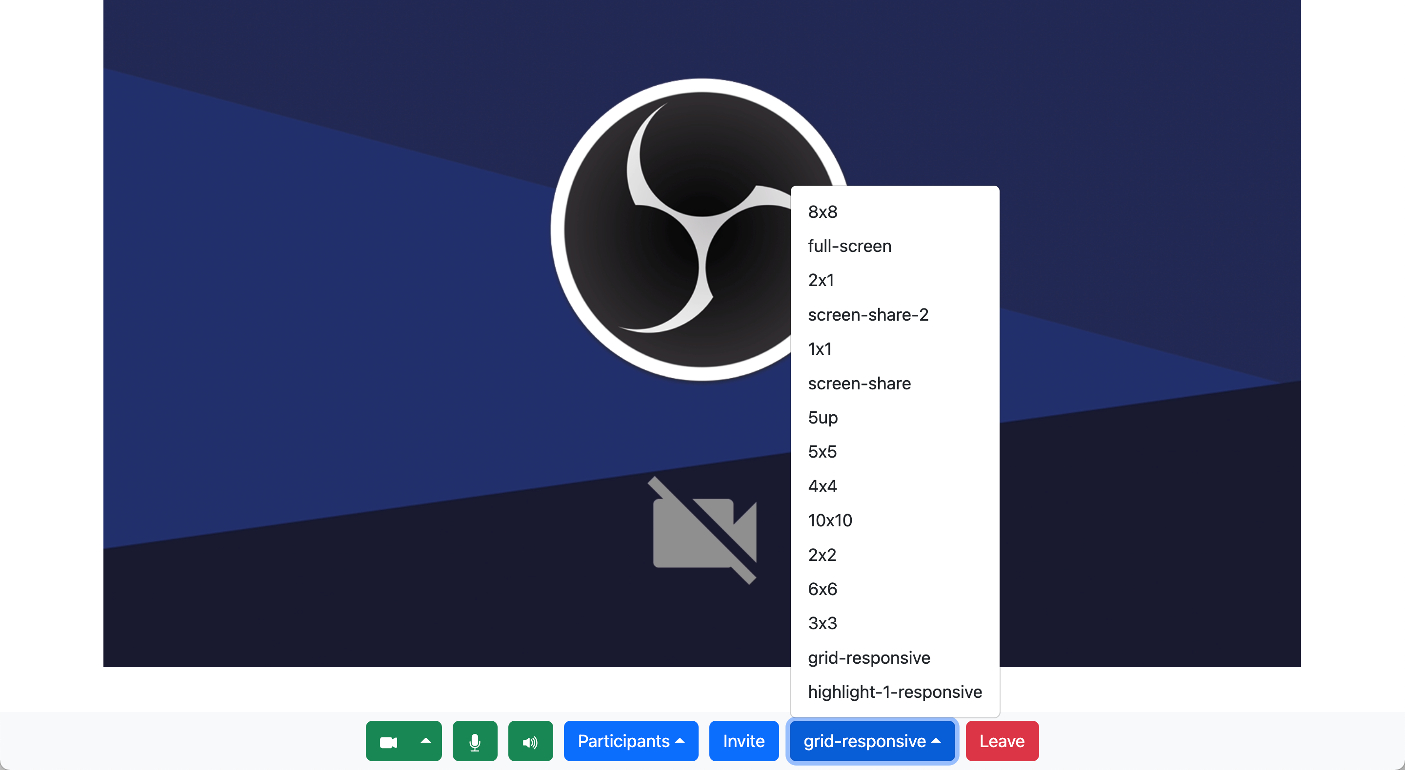 a video conference, showing controls for video, audio, participants, invitations, and layout.