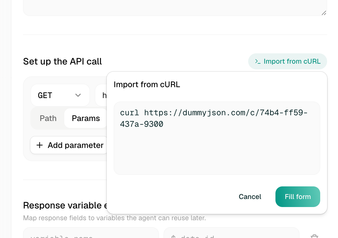 Import from cURL dialog with a curl command and a Fill form button
