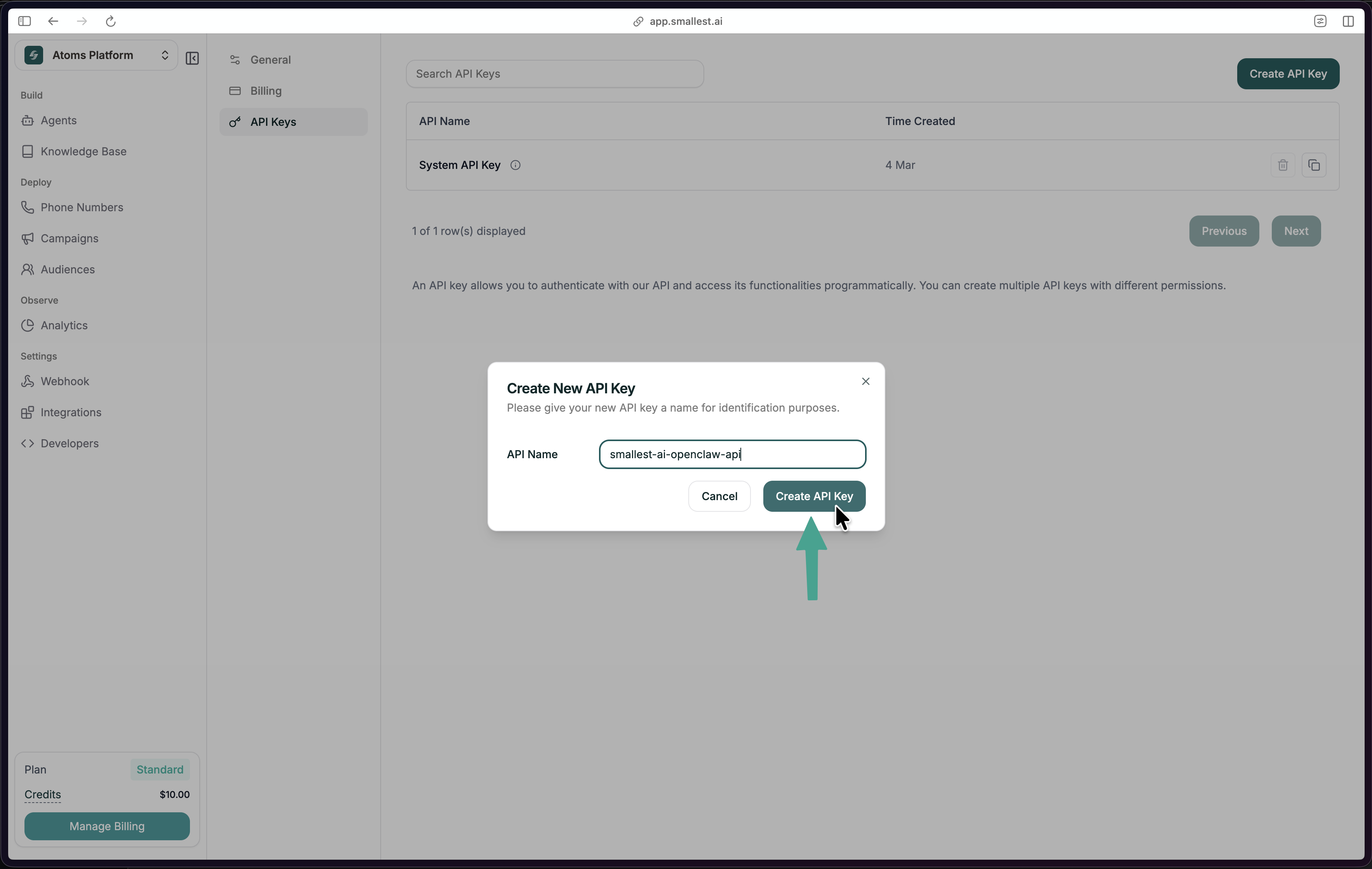 Create API Key dialog