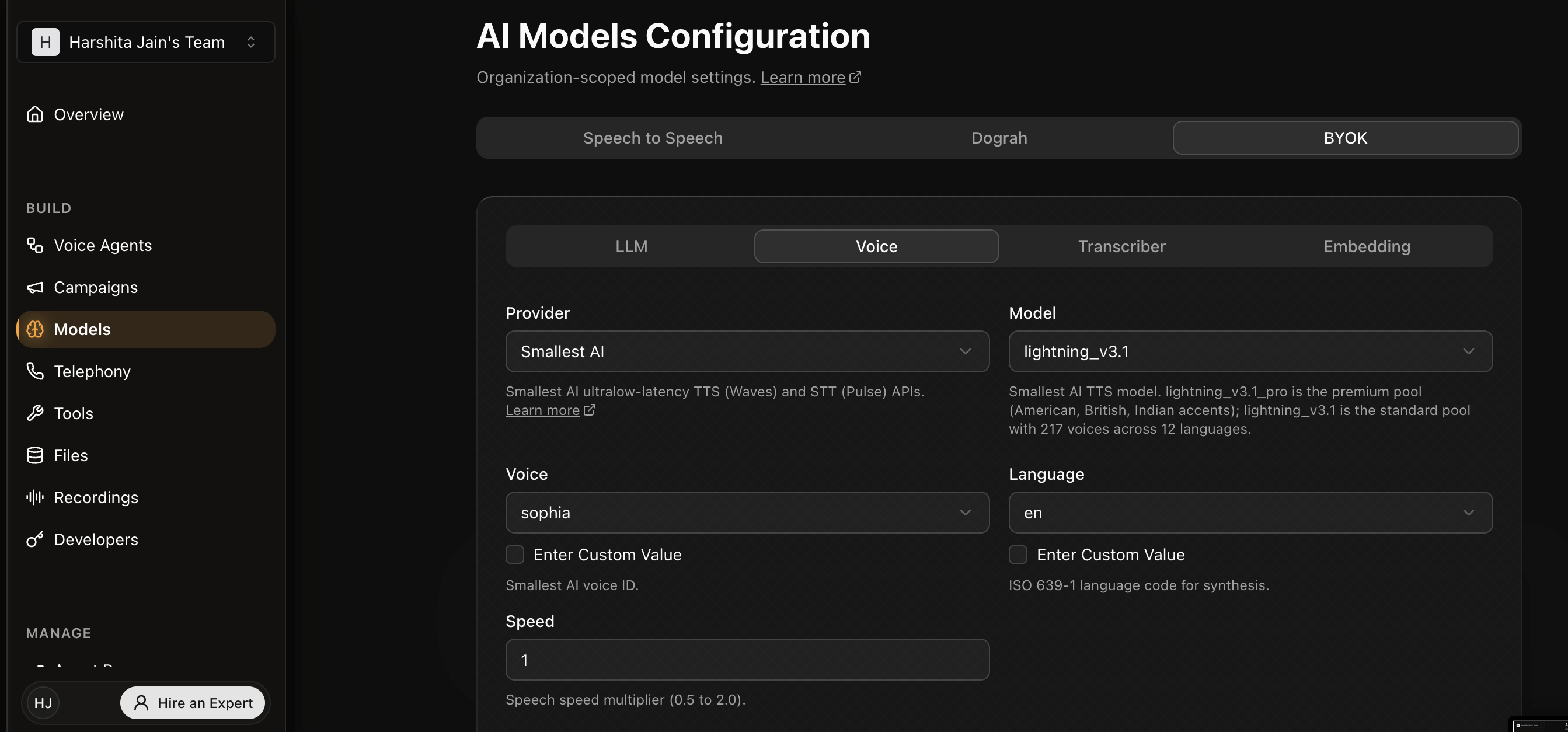 Dograh BYOK Voice tab with Smallest AI selected as provider and lightning_v3.1 as model