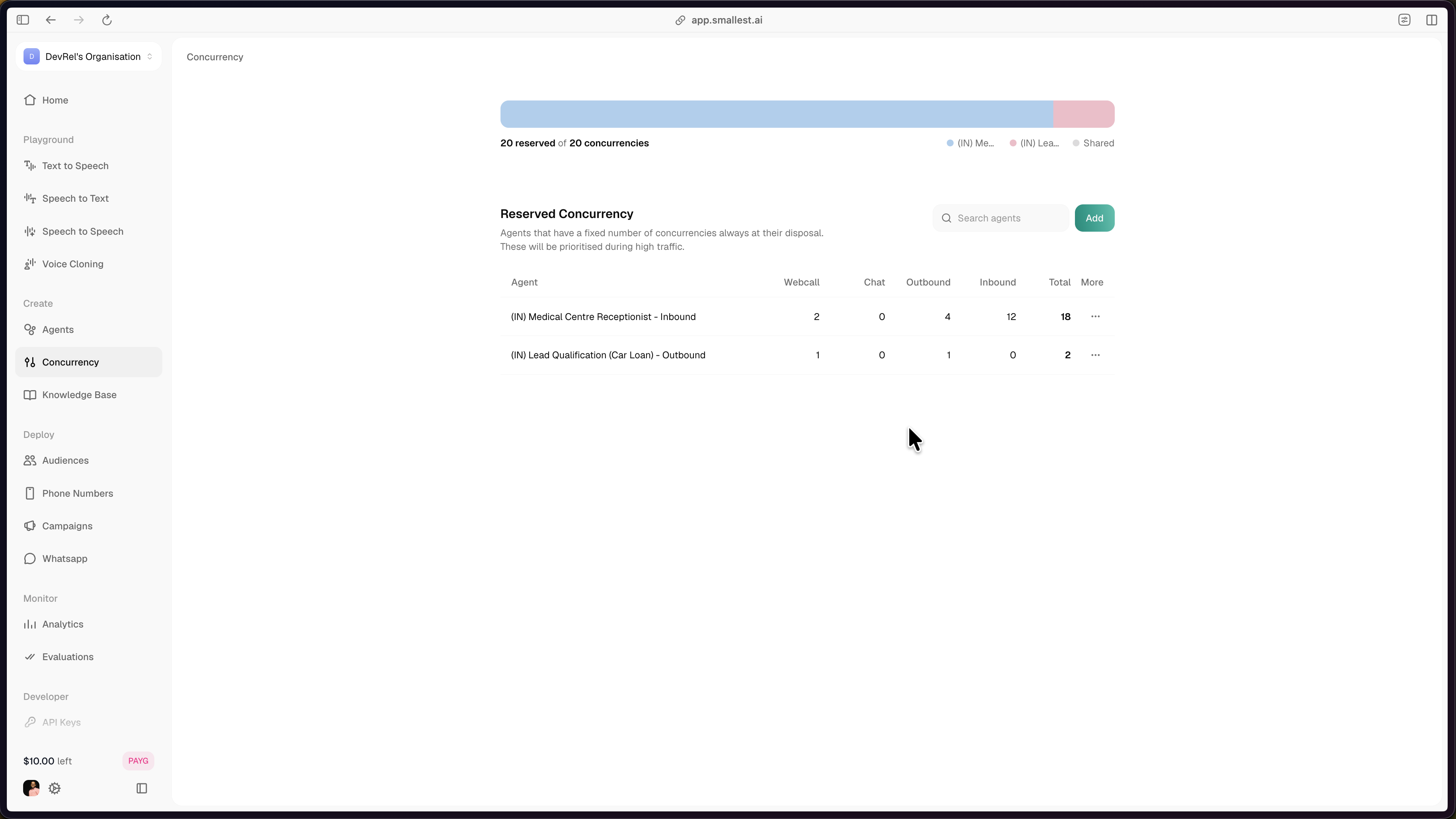 Concurrency page with two agents reserved, pool fully allocated