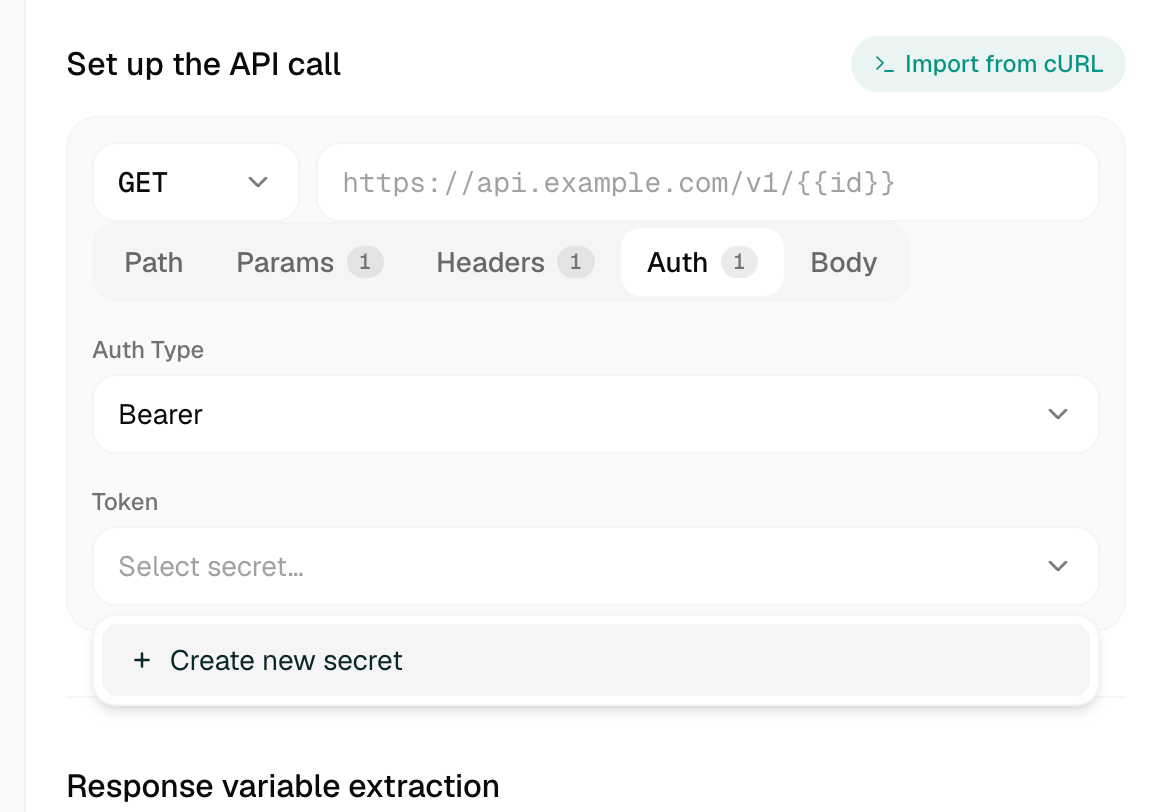 Auth tab set to Bearer with a Select secret dropdown and Create new secret option