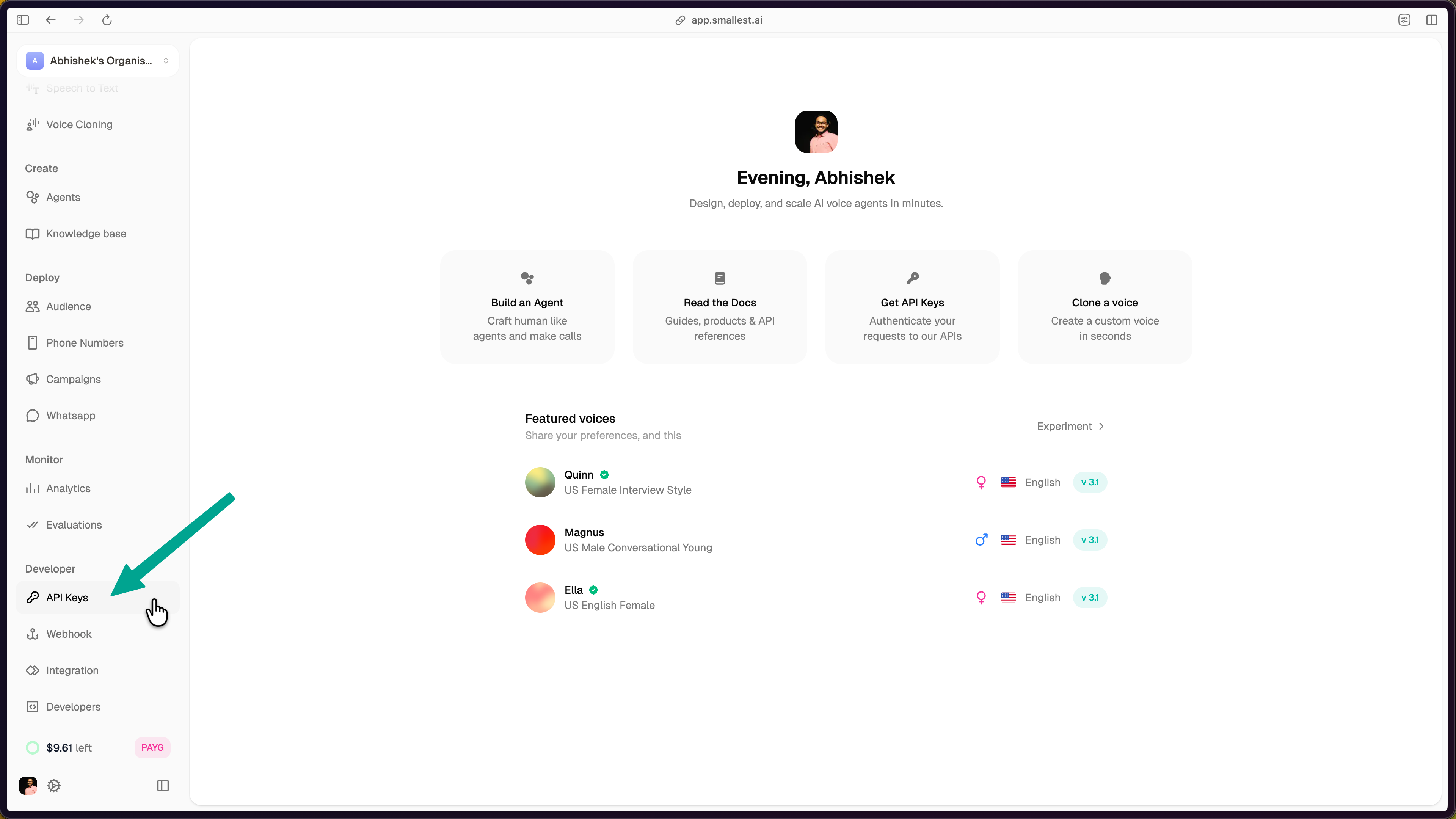 Smallest AI console with API Keys section open
