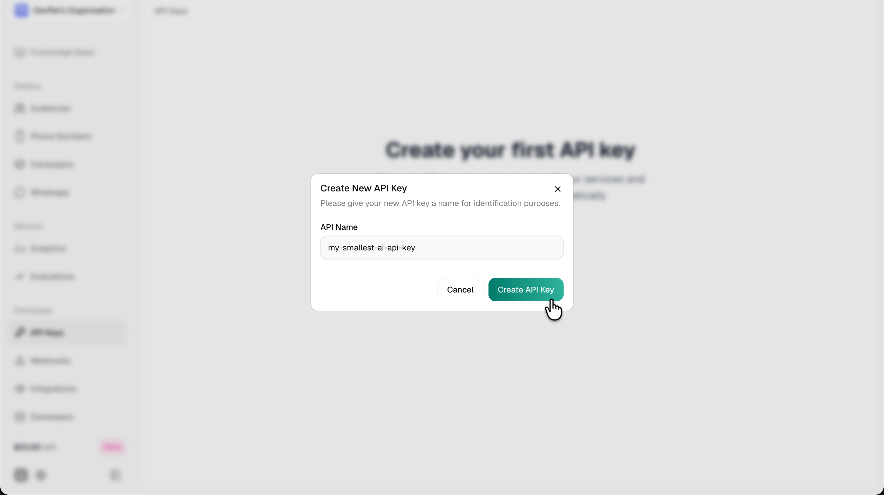 Create New API Key dialog with name input and Create button